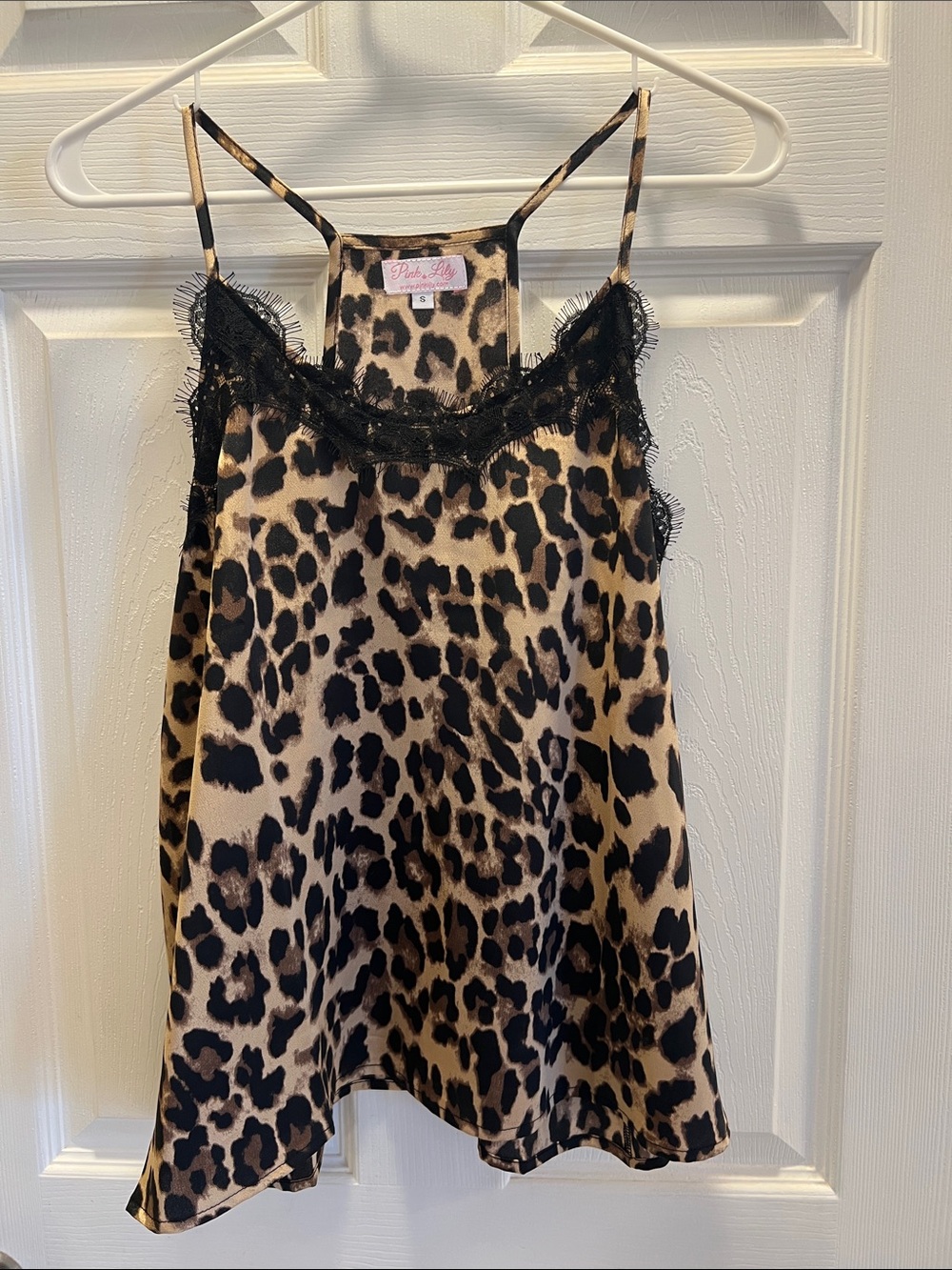 Pink Lily Leopard Print Lace Trim Tank Top - Black & Tan